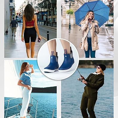Trudave DeckFlow Series women’s ankle waterproof rubber deck boots in legion blue shown in multiple scenes including daily wear, fishing, boating, and rainy weather, highlighting 100% waterproof and slip-resistant design